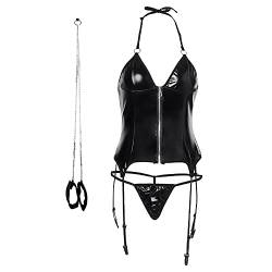 FNKDOR Sexy Dessous Damen für Sex, Lack und Leder Zip Push Up Corset Top mit Strapse und String Tanga, Einstellbar Neckholder (Schwarz, M) von FNKDOR