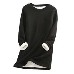 FNKDOR Verdickung Bluse Damen Lang Sweatshirt Langarmshirt mit Teddyfutter Rundhals/V-Ausschnitt Schwarz#1 L von FNKDOR