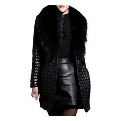 FNKDOR Waffel Lederjacke Damen Halblang Slim Fit Cardigan Winterjacke mit Fellkragen Schwarz M von FNKDOR