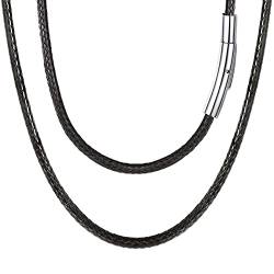 FOCALOOK 45CM Halskette personalisiert Kunstleder Collier Wachsschnur Kette 3mm breit Schwarz Geflochten Lederkette Name Gravur Lederband mit Edelstahl Verschluss für Männer Frauen Jungen Mädchen von FOCALOOK