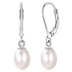 FOCALOOK 8mm Perle Baumel-Ohrringe für Damen 925 Sterling Silber Süßwasser Perle Ohrringe Elegante Drop Earrings Verlobung Hochzeit Jahrestag Schmuck Accessoire von FOCALOOK