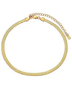 FOCALOOK Damen Collier 18k vergoldet Choker Kette 5mm/38+9cm Schlangenkette Kurze Halskette verstellbare Flache Gliederkette für Mädchen Frauen Modeschmuck Accessoire für Party von FOCALOOK