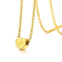 FOCALOOK Damen Collier mit Buchstabe P Charm 18k vergoldet Herz Anhänger Halskette Minimalist Initiale Schlüsselbein Kette 40+5cm 1,5mm Rolokette Modeschmuck für Mädchen von FOCALOOK