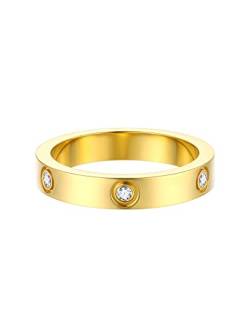 FOCALOOK Damen Ehering Verlobungsring Trauring Goldene Ringe Herren 4mm breit Bandring mit funkelnden CZ eingelegt Antragsring Partnerring 52mm Ring Schmuck für Verlobung Hochzeit von FOCALOOK