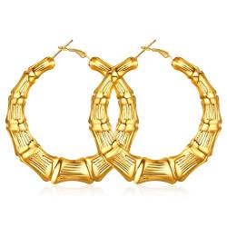 FOCALOOK Kreis Creolen 40mm für Damen Mädchen 18k vergoldet Bambus-Design Kreis Ohrringe Runde Hoop Earrings Street Style Statement Ohrringe Ohrschmuck für Party Geburtstag von FOCALOOK