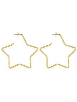 FOCALOOK Stern Ohrringe Vergoldet Hängend Creolen Edelstahl Damen Hoop Earrings Außendurchmesser 60mm Stern Ohrringe Y2K Accessoire Star Modeschmuck für Geburtstag von FOCALOOK