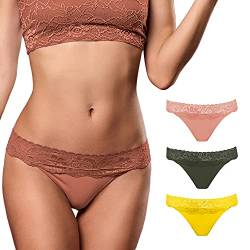 FOCENZA Damen-Stringtanga aus Mikrofaser mit Spitzenband, nahtlose Damenunterwäsche, 3-teiliges Multipack in verschiedenen Farben, hergestellt in Italien, Pfirsich-Öl-Gelb, Small-Medium von FOCENZA