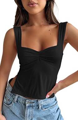 FOFAINWE Damen Ärmellos Rückenfrei Crop Tank Top Sexy Plissee Bustier Sweetheart Neck Strappy Y2K Schlitze Cropped Tops, Schwarz , M von FOFAINWE