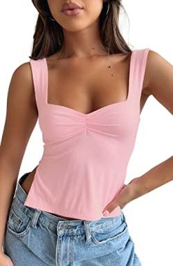 FOFAINWE Damen Ärmellos Rückenfrei Crop Tank Top Sexy Plissee Bustier Sweetheart Neck Strappy Y2K Schlitze Cropped Tops, rose, Small von FOFAINWE