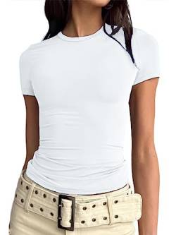 FOFAINWE Damen Basic Casual Going Out Shirt Crop Tops Slim Fit Kurzarm Y2K Tops Rundhals Enge T-Shirts, weiß, Large von FOFAINWE