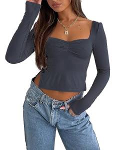 FOFAINWE Damen Y2K Langarm Schwarzlos Crop Schlitz Seite Sexy Ausgehen Tops Lässig Slim Fit T Shirt Gerüschte Tees(Dunkelgrau,M) von FOFAINWE