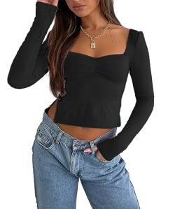 FOFAINWE Damen Y2K Langarm Schwarzlos Crop Schlitz Seite Sexy Ausgehen Tops Lässig Slim Fit T Shirt Gerüschte Tees(Schwarz,M) von FOFAINWE