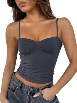 FOFAINWE Damen ärmelloses herzförmiger Ausschnitt Crop Tank Tops rückenfrei Spaghettiträger Plissee Bustier Y2K Camis Ausgehen Top(Dunkelgrau,L) von FOFAINWE