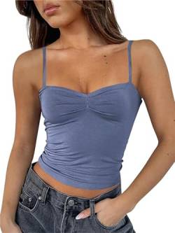 FOFAINWE Damen ärmelloses herzförmiger Ausschnitt Crop Tank Tops rückenfrei Spaghettiträger Plissee Bustier Y2K Camis Ausgehen Top(Eschenblau,XS) von FOFAINWE