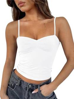 FOFAINWE Damen ärmelloses herzförmiger Ausschnitt Crop Tank Tops rückenfrei Spaghettiträger Plissee Bustier Y2K Camis Ausgehen Top(Weiß,XS) von FOFAINWE