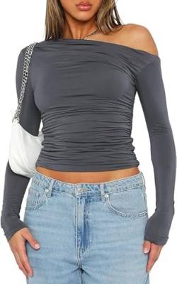 FOFAINWE Langarmshirts Für Damen Oberteile - Crop Oberteil Frauen Sexy Carmenausschnitt Brautparty Slim Passform Einfarbig (Dunkelgrau,L) von FOFAINWE