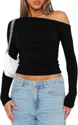 FOFAINWE Langarmshirts Für Damen Oberteile - Crop Oberteil Frauen Sexy Carmenausschnitt Brautparty Slim Passform Einfarbig (Schwarz,S) von FOFAINWE