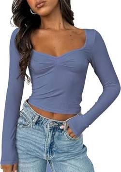 FOFAINWE Langarmshirts Für Damen Oberteile - Herzausschnitt Crop Oberteil Ausgehen Tops Y2K Slim Passform Einfarbig Frauen Sexy (Eschenblau,L) von FOFAINWE