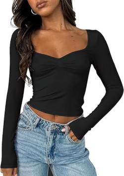 FOFAINWE Langarmshirts Für Damen Oberteile - Herzausschnitt Crop Oberteil Ausgehen Tops Y2K Slim Passform Einfarbig Frauen Sexy (Schwarz,L) von FOFAINWE