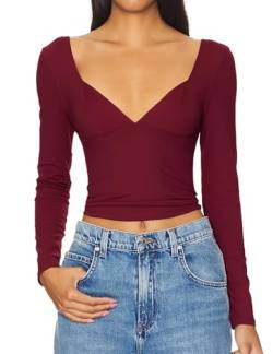 FOFAINWE Rückenfrei Langarmshirts Für Damen - Sexy Crop Oberteil Slim Passform Y2K Herzausschnitt Oberteil Einfarbig Frauen (Burgunderfarben, L) von FOFAINWE