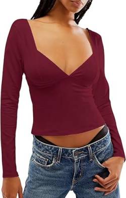 FOFAINWE Rückenfrei Langarmshirts Für Damen - Sexy Crop Oberteil Slim Passform Y2K Herzausschnitt Oberteil Einfarbig Frauen (Burgunderfarben, M) von FOFAINWE