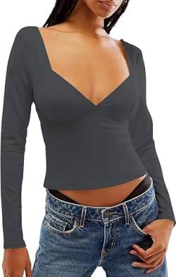 FOFAINWE Rückenfrei Langarmshirts Für Damen - Sexy Crop Oberteil Slim Passform Y2K Herzausschnitt Oberteil Einfarbig Frauen (Dunkelgrau, M) von FOFAINWE