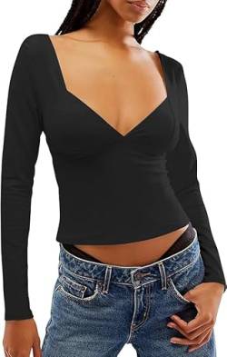 FOFAINWE Rückenfrei Langarmshirts Für Damen - Sexy Crop Oberteil Slim Passform Y2K Herzausschnitt Oberteil Einfarbig Frauen (Schwarz, S) von FOFAINWE