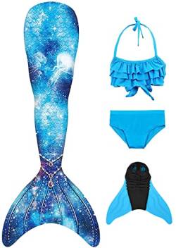 FOLOEO Mädchen Meerjungfrauenschwanz Zum Schwimmen mit Meerjungfrau Flosse- Prinzessin Cosplay Bademode für das Schwimmen mit Bikini Set und Monoflosse, 4 Stück Set, Mehrfarbig (GN01-CC), 120 von FOLOEO