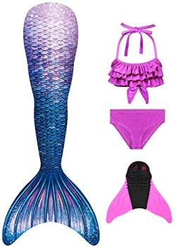 FOLOEO Mädchen Meerjungfrauenschwanz Zum Schwimmen mit Meerjungfrau Flosse- Prinzessin Cosplay Bademode für das Schwimmen mit Bikini Set und Monoflosse, 4 Stück Set, Mehrfarbig (GN02-CC), 120 von FOLOEO