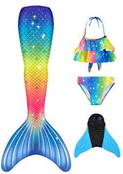 FOLOEO Mädchen Meerjungfrauenschwanz Zum Schwimmen mit Meerjungfrau Flosse- Prinzessin Cosplay Bademode für das Schwimmen mit Bikini Set und Monoflosse, 4 Stück Set, Mehrfarbig (MD37-CC), 120 von FOLOEO