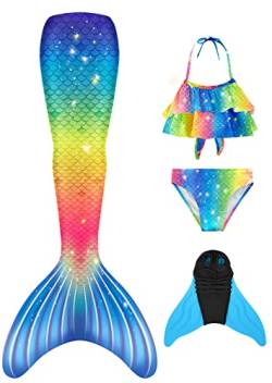 FOLOEO Mädchen Meerjungfrauenschwanz Zum Schwimmen mit Meerjungfrau Flosse- Prinzessin Cosplay Bademode für das Schwimmen mit Bikini Set und Monoflosse, 4 Stück Set, Mehrfarbig (MD37-CC), 130 von FOLOEO