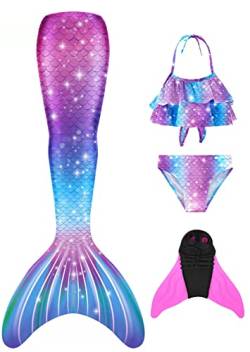 FOLOEO Mädchen Meerjungfrauenschwanz Zum Schwimmen mit Meerjungfrau Flosse- Prinzessin Cosplay Bademode für das Schwimmen mit Bikini Set und Monoflosse, 4 Stück Set, Mehrfarbig (MD38-CC), 130 von FOLOEO