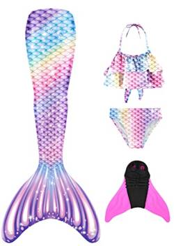 FOLOEO Mädchen Meerjungfrauenschwanz Zum Schwimmen mit Meerjungfrau Flosse- Prinzessin Cosplay Bademode für das Schwimmen mit Bikini Set und Monoflosse, 4 Stück Set, Mehrfarbig (MD39-CC), 130 von FOLOEO