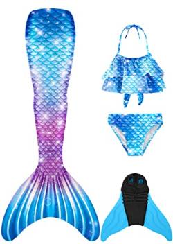 FOLOEO Meerjungfrauenflosse Mädchen Kinder Meerjungfrauenschwanz Zum Schwimmen mit Meerjungfrau Flosse und Bikini Set（4 Stück Set） von FOLOEO