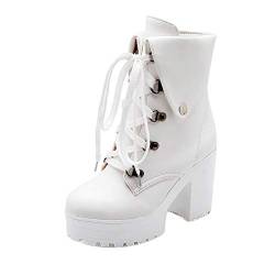 FOLOPOBO Damen Mode Schnüren Knöchel Stiefel Höhe Ferse Plateau Stiefeletten Nieten Reiten Stiefel Party Stiefel White-Houmao Size 37 Asiatisch von FOLOPOBO