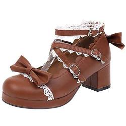 FOLOPOBO Damen Sweet Bogen Lolita Schuhe with Lace Blockabsatz Runde Zehen Pumps Knöchelriemchen Kleid Schuhe Brown Gr 39 Asiatisch von FOLOPOBO