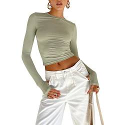 Damen Slim Fit Ausgehen Crop Tops Casual Einfarbig Rundhals Langarm Enge Tee Shirt Basic Streetwear, Grünes Griffloch, S von FOMOYUU