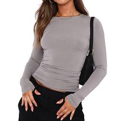 Damen Slim Fit Ausgehen Crop Tops Casual Einfarbig Rundhals Langarm Enge Tee Shirt Basic Streetwear, Hellgrau, S von FOMOYUU