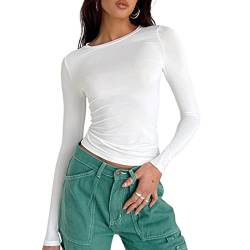 Damen Slim Fit Ausgehen Crop Tops Casual Einfarbig Rundhals Langarm Enge Tee Shirt Basic Streetwear, Weiß, S von FOMOYUU