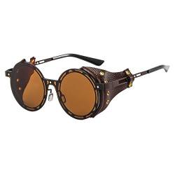 Männer Steampunk Brille Metall Sonnenbrille Frauen Retro Shades Mode Leder mit Seitenschilden Stil Runde Sonnenbrille,C3,Andere von FOOOZ