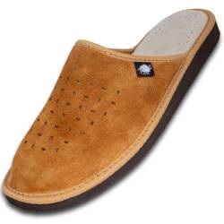 FOOTHUGS Herren Hausschuhe aus natürlichem Wildleder mit unterstützendem Fußbett – Bequeme Leder Pantoffeln mit Gesundheits-Einlegesohle und Fußgewölbestütze für Männer (46 EU, Braun) von FOOTHUGS