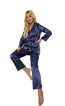 FOREX Lingerie eleganter Satin-Pyjama Schlafanzug Hausanzug im klassischen Still (M, Blau) von FOREX Lingerie
