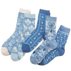 FORJMMP Vintage bestickte Blumen Socken für Frauen gekämmte Baumwolle Crew Socken, 5 Paar, blau, 37-40.5 EU von FORJMMP