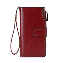 FORRICA Geldbörse Damen Gross Viele Fächer Clutch Portemonnaie RFID Schutz Vintage PU Leder Brieftasche mit Armband Rot von FORRICA