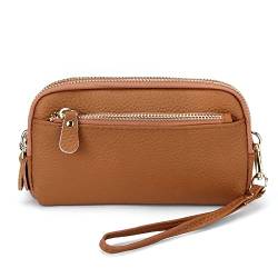 FORRICA Geldbörse Damen Große Echtleder Frauen Clutch Portemonnaie 3 Reißverschluss Leichte Elegante Brieftasche für Handy mit Armband Gelb von FORRICA