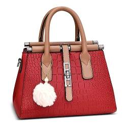 FORRICA Handtasche Damen Elegant Henkeltaschen Umhängetasche mit Niedliche Pompon PU Leder Schultertasche für Arbeiten Bankett Shopper Rot A von FORRICA