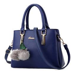 FORRICA Handtaschen Damen mit Pompon Mode Schultertasche Frauen Umhängetasche Shopper Tasche PU Leder Henkeltasche Blau von FORRICA