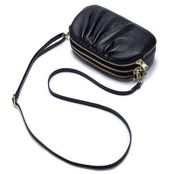 FORRICA Umhängetasche Damen Handy Geldbörse Echte Leder Frauen Schultertasche Kleine Handytasche Rindsleder Clutch Portemonnaie mit 3 Reißverschluss Fächern Schwarz von FORRICA