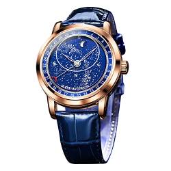 Automatische Armbanduhr für Herren, modisch, leuchtender Stern, Monduhr mit echtem Lederarmband, wasserdicht, für Freizeit, Business, gold, Riemen von FORSINING
