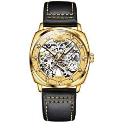 Automatische Herren-Armbanduhr, Skelett, luxuriös, Diamant, großes Zifferblatt, Herren, Business-Armbanduhr mit Lederband, wasserdicht, mechanische Armbanduhr, gold von FORSINING
